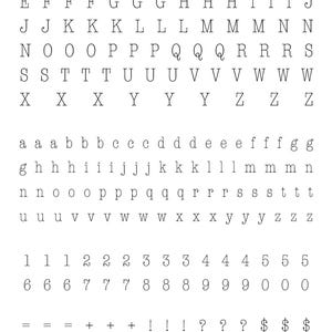 May include: A black and white image of a font set with uppercase and lowercase letters, numbers, and punctuation marks.
