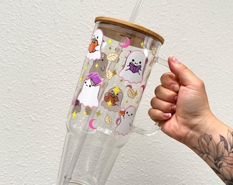 Copo de vidro Bookish Ghosts de 40 onças com canudo, copo de vidro Halloween Tumbler com tampa de bambu, copo de vidro Bookish Spooky Large Glass Tumbler
