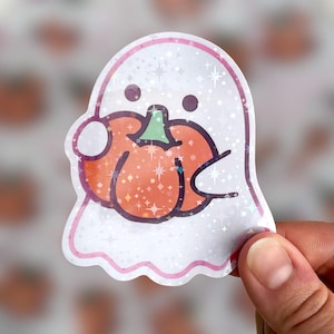 Pumpkin Ghost Halloween Holographic Sticker | Spooky Decor, Cute Vinyl Decal, Trick or Treat, Kids&#39; Gift, Party Favor, Cute Ghost Sticker