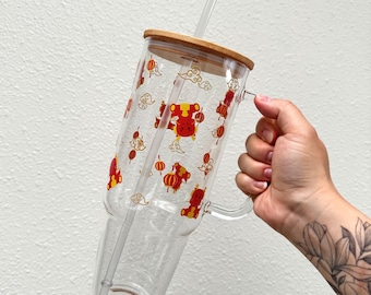 Ano do Dragão 40oz Copo de Vidro com Canudo, Copo Dragão Vermelho, Copo de Vidro com Tampa de Bambu Copo de Vidro, Copo de Vidro Grande Kawaii