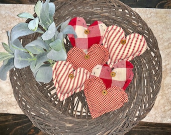 Primitive Country Style Heart Stuffed Fabric Mini Pillows for Tiered Trays, Bowl or Basket Fillers, Table Decor - Set of 6