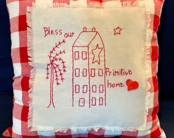 Red Buffalo Check Primitive Rustic Winter Holiday Pillow “Bless our Primitive Home” 15X15