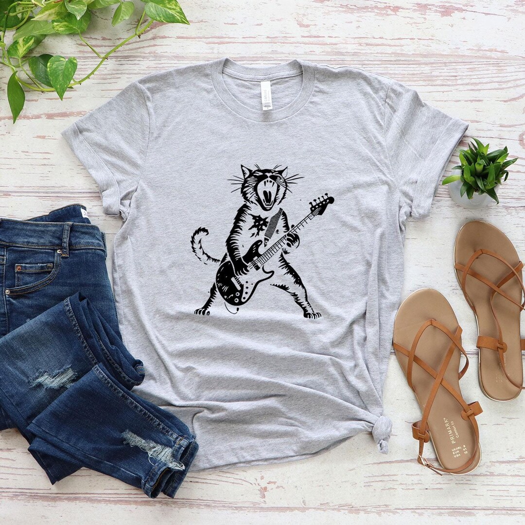 Rock Star Cat Shirt, Cool Guitarist Cat Shirt, Cat Rock and Roll Shirt ...