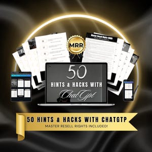 Może przedstawiać: Prezentacja makiety produktu cyfrowego z laptopem, tabletem i smartfonem wyświetlającym produkt cyfrowy zatytułowany "50 Wskazówek i Sztuczek z ChatGPT". Produkt zawiera prawa do odsprzedaży master. Obraz ma czarne tło z złotą wstążką i białym kółkiem.