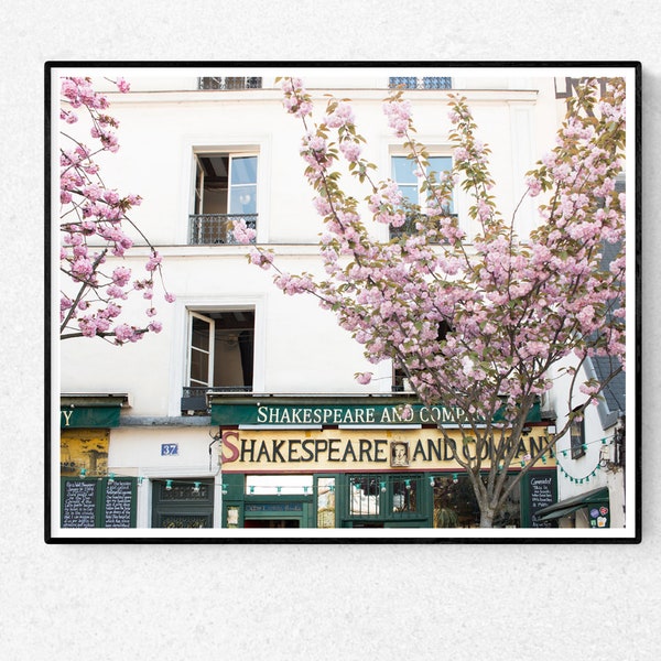 Paris Photography, Shakespeare and Company Bookstore, Paris in Bloom, Book Lovers, Office Decor, Francophile, Cherry Blossoms, Paris Print