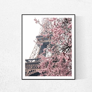 Paris Eiffel Tower Print, Pink Cherry Blossoms Photography