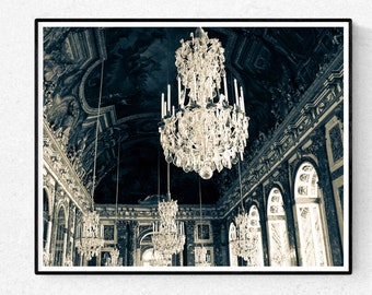 Spiegelzaal, Parijs fotografie, Versailles, Frankrijk, kroonluchter foto, diepblauw, Parijs home decor, kinderdagverblijf decor, blauwe muur kunst