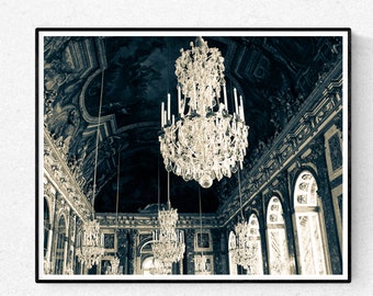 Fotografía de París, Lámparas de araña en el Salón de los Espejos, Impresión Best Seller, Versalles Francia, Arte mural de baño, azul profundo, decoración francesa del hogar