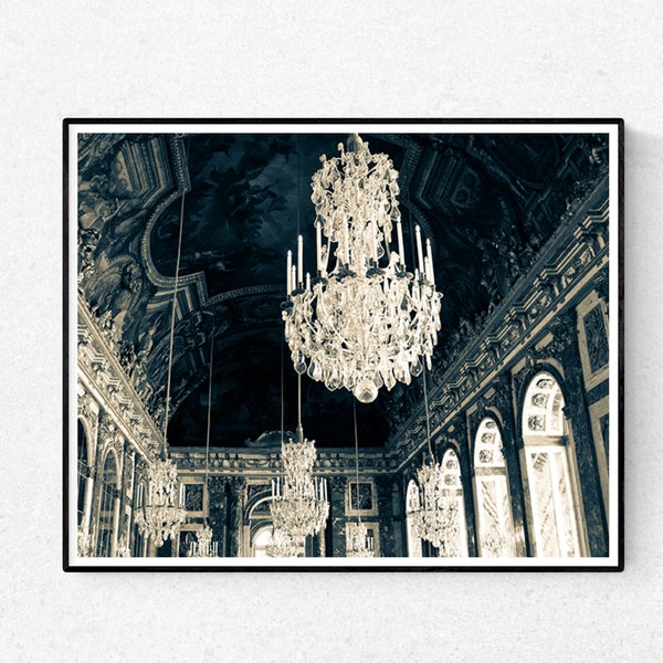 Paris Photography, Chandeliers in the Hall of Mirrors, Best Seller Print, Versailles France, Bathroom Wall Art, deep blue, french home decor