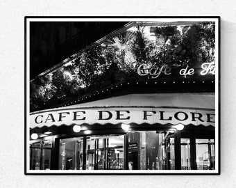 Paris Photography, Café de Flore Print, Black and White Parisian Cafe Art