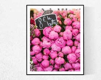 Paris Fotografie, rosa Pfingstrosen zum Verkauf auf dem Pariser Markt, rosa Farbtöne, Markt in Paris, rosa Wandkunst, französischer Druck, Pfingstrose in Frankreich