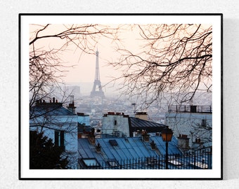 Paris Photography, Sunset in Montmartre, Parisian Rooftops, Eiffel tower Photo, Living Room Art, Winter in Paris, Montmartre, Landscape