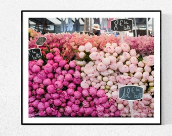 Paris Fotografie, Sonntage in Paris, rosa Pfingstrosen, Pariser Markt, Pfingstrosen zu verkaufen, französischer Druck, rosa Pfingstrosen in Frankreich, Geschenk für Sie