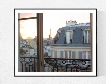 Paris Photography, Window onto St Germain, Parisian Rooftops, Eiffel tower, Paris Sunset, Living Room Art, Paris Balcony, Rebecca Plotnick