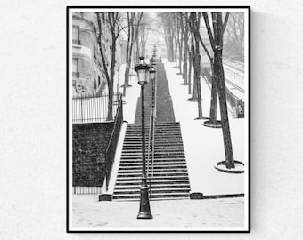 Paris Fotografie, Verschneiter Morgen in Montmartre, Paris Poster Bestseller, Winter Fotografie, Paris im Schnee, Paris Schwarzweißkunst