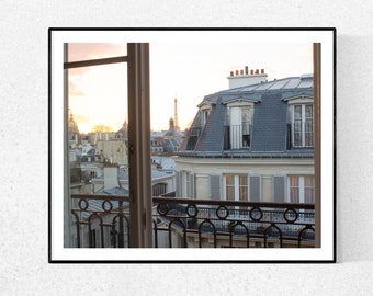 Paris Photography, Parisian Rooftops, St Germain Balcony, Golden Glow, Eiffel Tower Paris, grey, Parisian Balcony, Paris in the Springtime