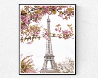 Paris Photography, Spring Cherry Blossoms at the Eiffel Tower, Paris in the Springtime, Pink Cherry Blossoms,  Blush Pink Bathroom Art