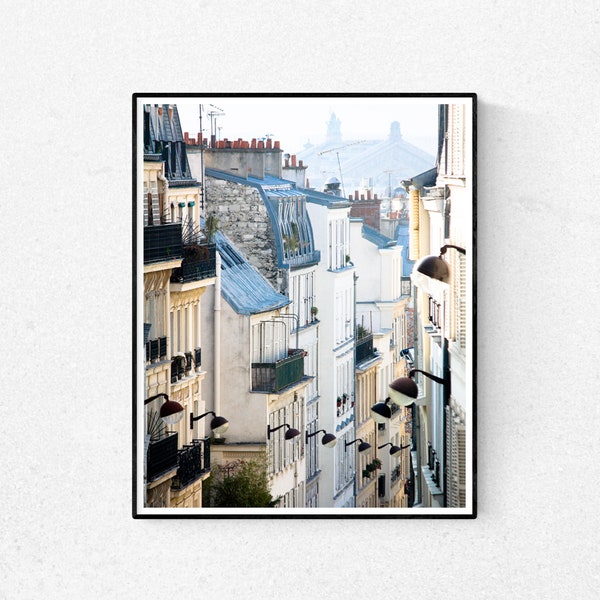 Paris Photography, Romantic Rooftops of Montmartre, soft blue and grey, Paris Print, Francophile Gift, Paris Wall Art, Paris Bedroom Art