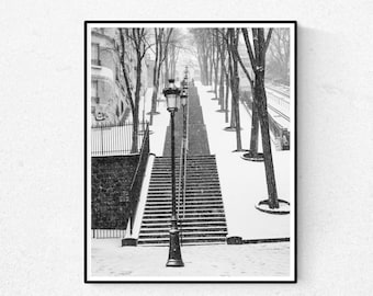 Paris Photography, Snowy morning in Montmartre, winter photography, Paris in the snow, black and white art, Winter in Paris, Francophile