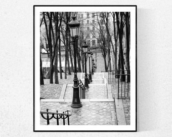 Black and White Photography, Taking the stairs in Montmartre, Paris Photography, Montmartre Art, Paris Black and White Print, View of Paris