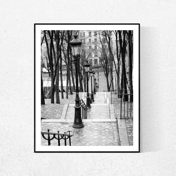 Black and White Photography, Taking the stairs in Montmartre, Paris Photography, Montmartre Art, Paris Black and White Print, View of Paris