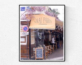 Paris Photography, Le Vrai Paris in Montmartre, yellow and soft pink, Paris, France, French Wall Decor, Parisian Architecture, Paris Café