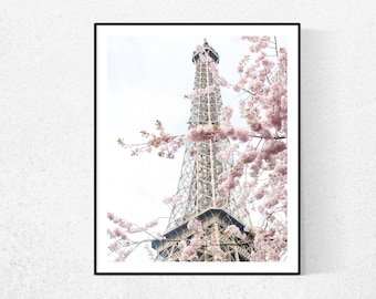 Paris Photography Print, Eiffel Tower, Pink Cherry Blossoms