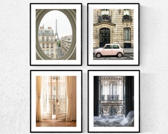 Paris Photography, Paris Portrait Photography Set of (4), Best Selling Paris Prints, Eiffel Tower Paris, Pink Car, Rebecca Plotnick