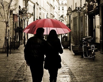 Paris Photography, Paris in the rain, Spring in Paris, Lovers in the Marais, Red Umbrella Print, love, Red Umbrella in Paris, art