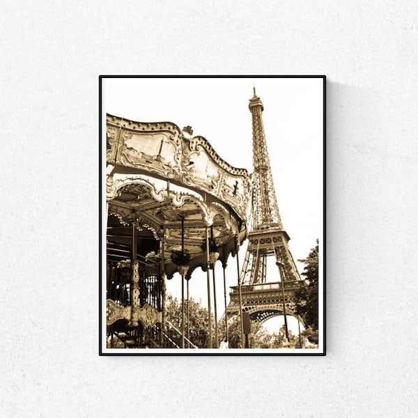 Paris Photography, Paris Eiffel Tower and Carousel, Paris Architecture, Nursery Decor, Whimsical, Carousel in Paris, Paris Eiffel Tower