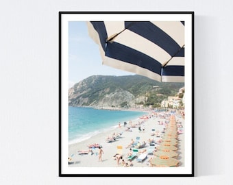 Italy Photography, Summer in Monterosso, Cinque Terre Italy, beach photography, Italian home decor, blue umbrellas, summer in italy