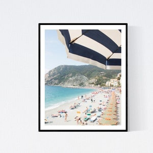 Italy Photography, Summer in Monterosso, Cinque Terre Italy, beach photography, Italian home decor, blue umbrellas, summer in italy