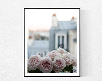 Paris Photography, Paris Apartment, Pink Roses on the Paris Balcony, Pink Paris Art, Montmartre Rooftops, Spring in Paris, Bedroom Wall Art