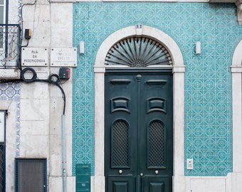 Portugal Photography, Green and Teal Door of Lisbon, Door 1, Portuguese Tiles, Door in Lisbon, green wall art, portugal architecture