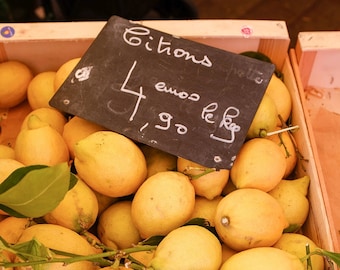 Food Photography, Lemons at The Market in Nice, Fresh Yellow Lemons, French Riviera, French kitchen wall art, South of France Market Photo