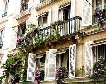 Paris Photography, Summer in Paris, Purple flowing flowers, White Shutters, Paris Photo - Paris Decor - Purple
