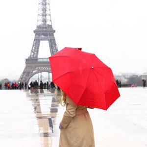 May include: A woman in a beige coat walks under a red umbrella in front of the Eiffel Tower. The ground is wet from rain.