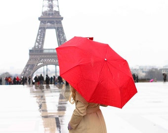 Paris Photography, Girl in Paris, Red Umbrella in Paris, Eiffel Tower, Paris in the rain, Paris Red Wall Art, Ruby Red, Rain in the Paris