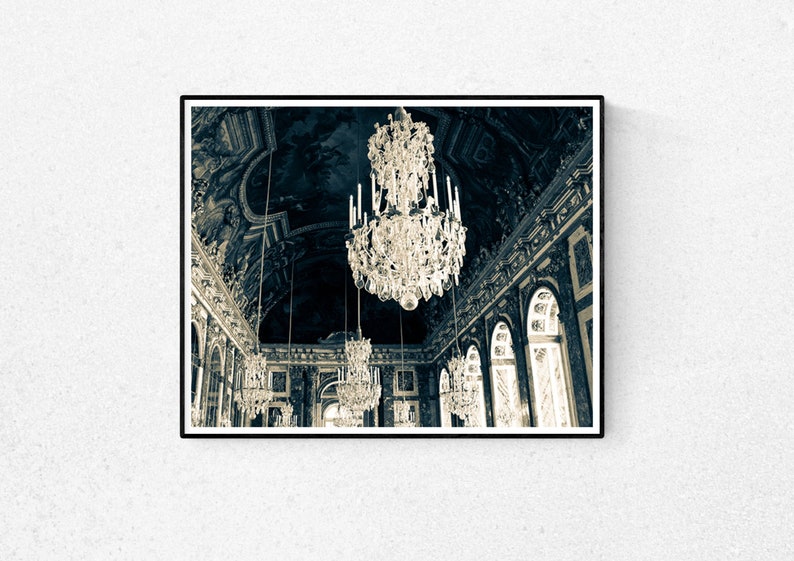 Hall of Mirrors, Paris Photography, Versailles, France, Chandelier Photograph, deep blue, paris home decor, nursery decor, blue wall art image 1