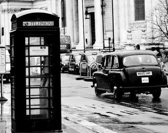 London Photography, On the streets of London,England, black London taxi cab, Black and White Photography, London Wall Art, Black Phone Booth
