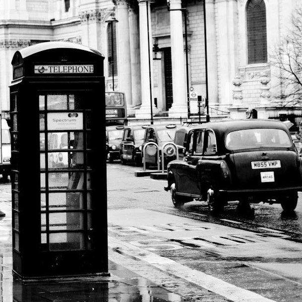 London Photography, On the streets of London,England, black London taxi cab, Black and White Photography, London Wall Art, Black Phone Booth