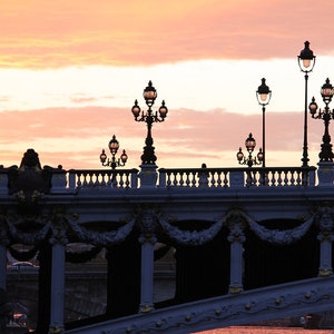 May include: Silhouette of a bridge with ornate lampposts against a pink and orange sunset sky. The bridge has a decorative railing and a stone archway.