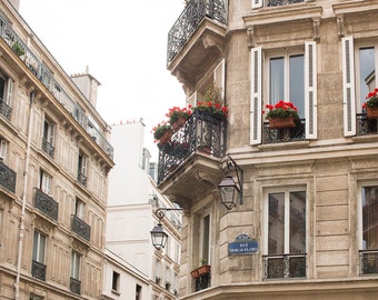 Paris Photography, Parisian Balcony on the Right Bank, Red Flowers, Landscape, Paris Print, Kitchen wall Art, Parisian Apartment
