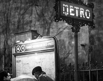 Rainy evening on St Germain Des Pres, Classic Paris, umbrella, Paris Metro, black and white photography, Paris Art, french decor