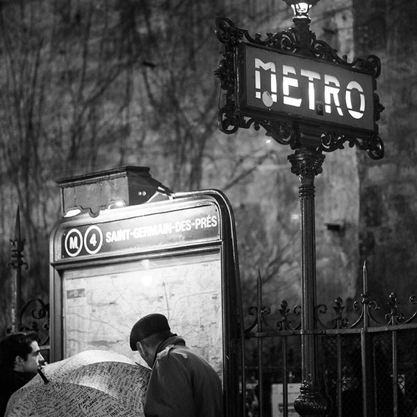 Rainy evening on St Germain Des Pres, Classic Paris, umbrella, Paris Metro, black and white photography, Paris Art, french decor