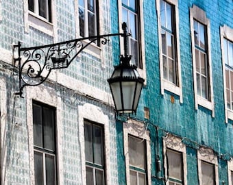 Travel Photography, Colors of Lisbon Portugal, Fine Art Photograph, mint green and blue mosaic tiles, Portugal Architecture, Portrait Photo