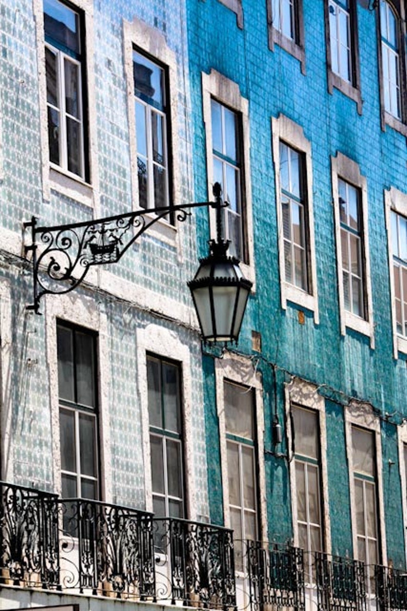 Travel Photography, Colors of Lisbon Portugal, Fine Art Photograph, mint green and blue mosaic tiles, Portugal Architecture, Portrait Photo image 1