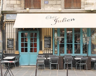 Paris Cafe in the Marais, Chez Julien, Paris Photography, Winter in Paris, Paris Photography, Blue Paris Decor