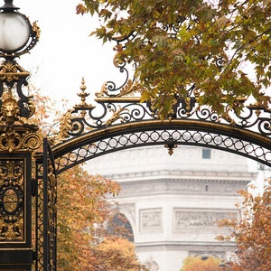 May include: An ornate black and gold wrought iron gate, with the Arc de Triomphe visible in the background. The gate features detailed scrollwork and a lion's head. Autumn leaves add a warm colour to the scene, creating a picturesque view.