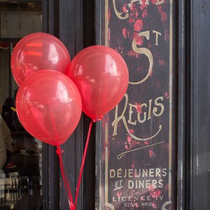 Paris Photography, Red Balloons in Paris ,Cafe St Regis, Ile St Louis, Red, Paris Cafe, Kitchen Art, French Home Decor, Red Art
